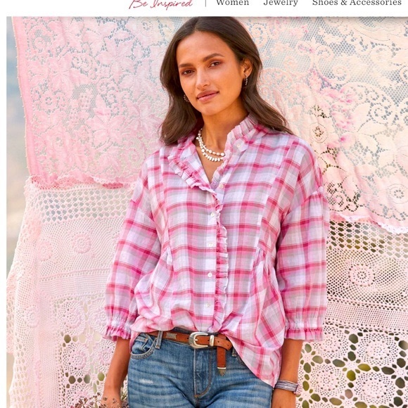 Sundance catalog Janice plaid 100% cotton lightweight breezy blouse - Picture 9 of 9